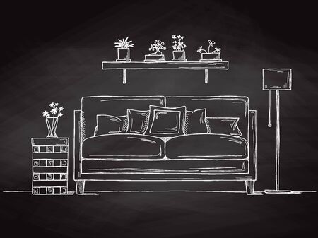 Interior in sketch style. Sofa, bedside table, floor lamp and shelf with plants. Vectorのイラスト素材