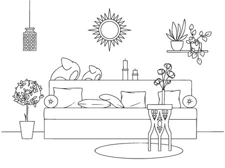 Sketch a cozy living room in boho style. Sofa, table and various decor elements. Vector illustration in sketch style.のイラスト素材