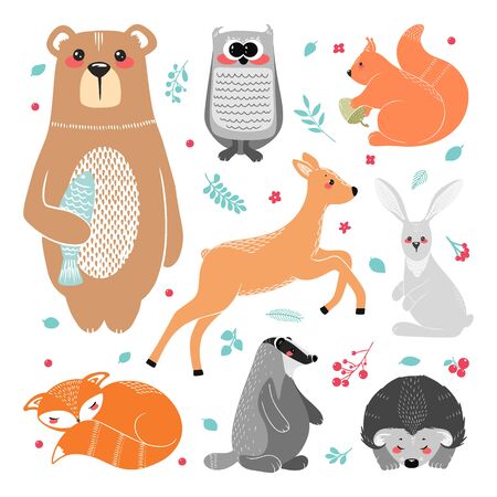 Cute animals: fox, badger, squirrel, owl, deer, doe, roe deer, hare, rabbit, hedgehog bear and different elements Illustration hand drawn in scandinavian styleのイラスト素材