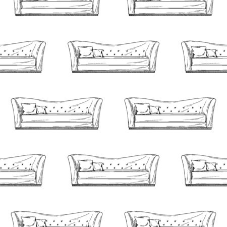 Seamless pattern. Sofa, ottoman on a white background. Vector illustration in sketch style.のイラスト素材