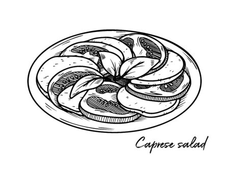 Caprese salad isolated on a white background. Sketch Italian dishes. Vector illustration in sketch style.のイラスト素材