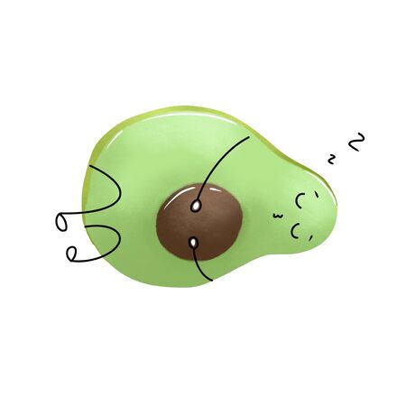 Illustration cute Avocado isolated on white background. Avocado lies on its side and sleeps.