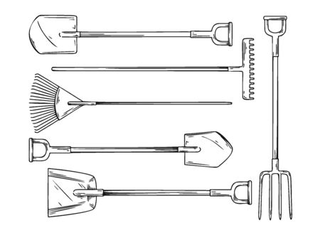 Set of different garden tools. Shovel, rake, pitchfork, spade isolated on a white background. Vector illustration in sketch style.のイラスト素材