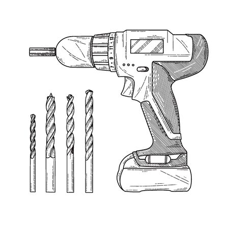 Sketch Screwdrivers with a drill isolated on a white background. Vector illustrationのイラスト素材