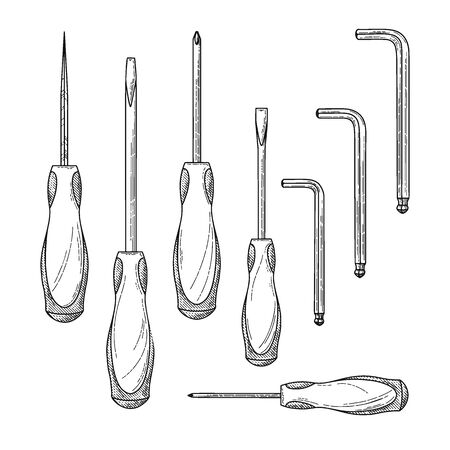 Set of different screwdrivers on a white background. Vector illustrationのイラスト素材