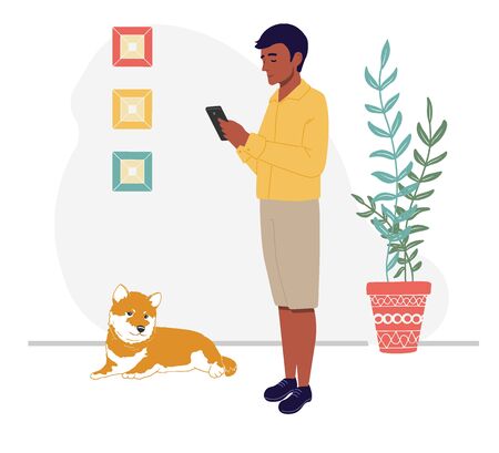The guy with the phone isolated on a white background in a flat style. A man looks at the phone. Vector illustration.のイラスト素材