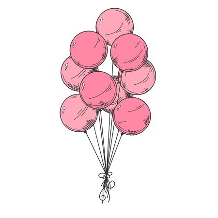 Different balloons. Inflatable balls on a string. Vector illustration in sketch styleのイラスト素材