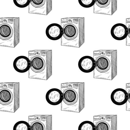 Seamless pattern. Washing machine on white background. Vector illustrations in sketch styleのイラスト素材