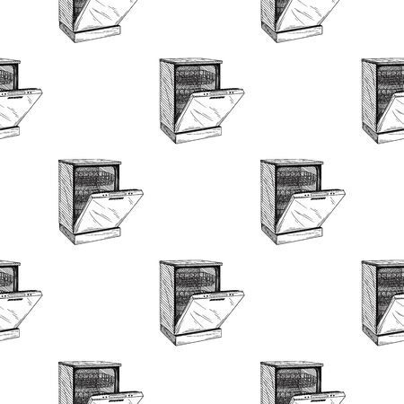 Seamless pattern. Dishwasher on white background. Vector illustrations in sketch styleのイラスト素材