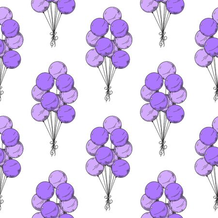 Seamless pattern. Different balloons. Inflatable balls on a string. Vector illustration in sketch styleのイラスト素材
