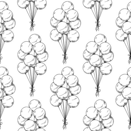 Seamless pattern. Different balloons. Inflatable balls on a string. Vector illustration in sketch styleのイラスト素材