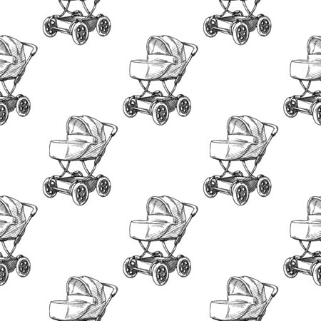 Seamless pattern. Pram, baby carriage on a white background. Vector illustration in sketch style.のイラスト素材