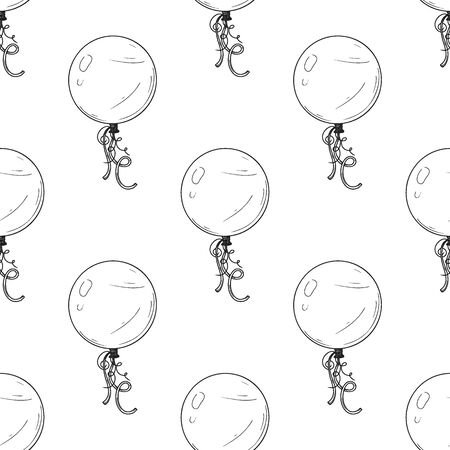 Seamless pattern. Different balloons. Inflatable balls on a string. Vector illustration in sketch styleのイラスト素材