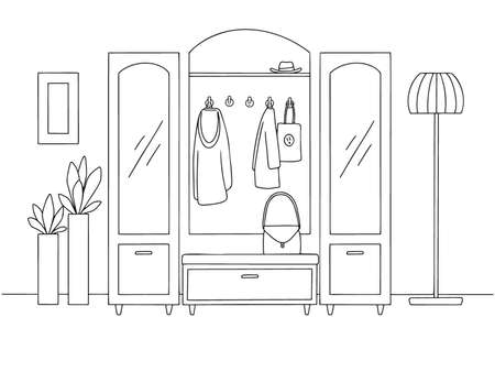 Sketch interior. Hallway furniture, various decorations and other elements. Vector illustration in sketch style.のイラスト素材