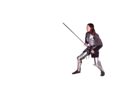 Shooting in a studio in the armor, and people with weapons.