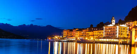 Panoramic image of Lake of Como, taken from Bellagio just after sunsetの写真素材