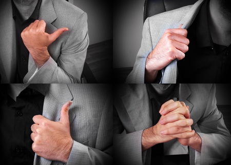 young man in office showing  body language closeupの写真素材