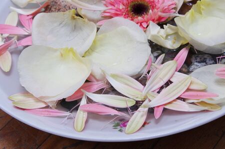 wide plate with different flowers closeupの写真素材