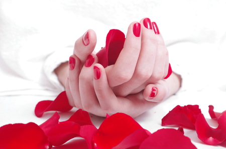 female gentle red manicure closeupの写真素材
