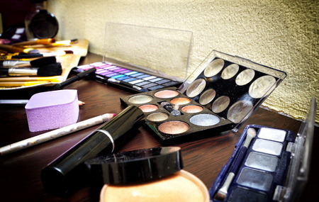 Different make up tools on a table ready to use closeupの写真素材