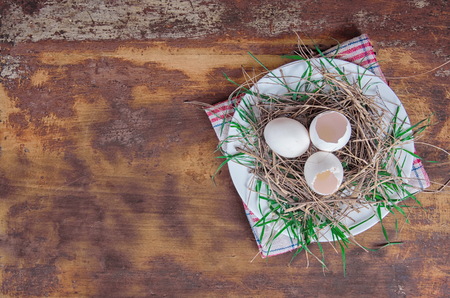 Fresh eggs from nest ready to eat top viewの写真素材