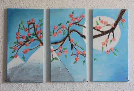 colourful painting of sakura mountains and moonの写真素材