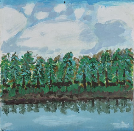 colourful painting of forest and riverの写真素材