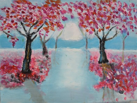 colourful painting sakura trees and subsetの写真素材