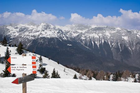 View of an alpine winter landscape from the top of a mountainの写真素材