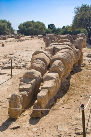 Remains of a Telamon in the Olympeon field, Valley of the Temples in Agrigento, Italyの写真素材