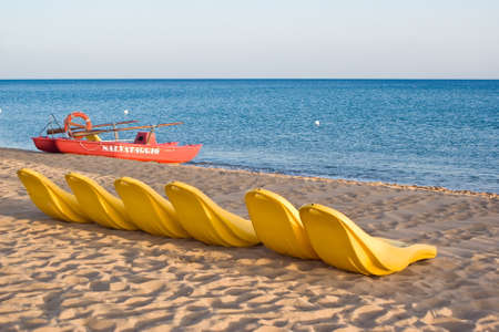 Beach chairs and rescue boatのeditorial素材