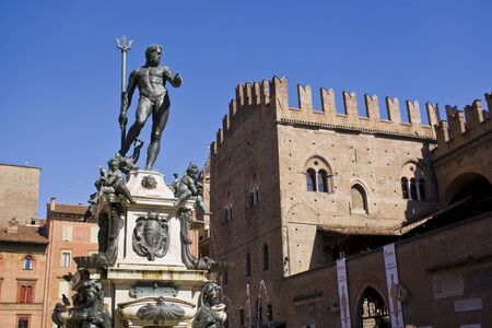 View of the Neptune fountain in Bologna, Italyの写真素材