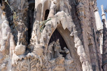 Scene on the Nativity facade of the Sagrada Familia, Barcelona in Spainの写真素材