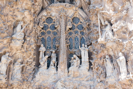 Angels on the Nativity facade of the Sagrada Familia, Barcelona in Spainの写真素材