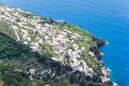 View of Praiano from Path of the Gods, Amalfi coast in Southern Italyの写真素材