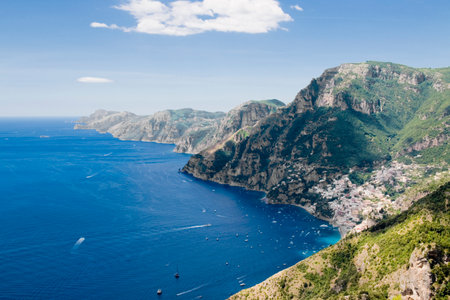 View of Positano and the shoreline from the Path of the Gods, Amalfi coast in the Southern Italyの写真素材