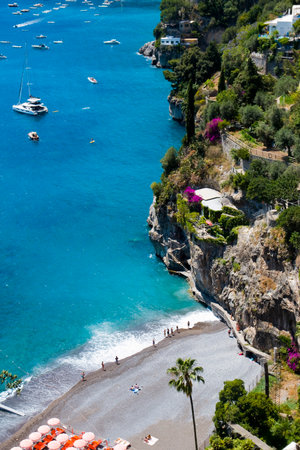 A beach of Positano village, Amalfi coast in the Southern Italyの写真素材