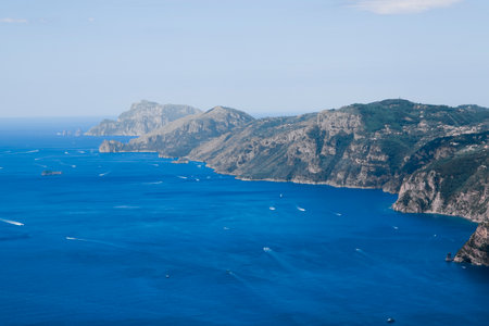View of shoreline from Path of the Gods, Amalfi coast in Southern Italyの写真素材
