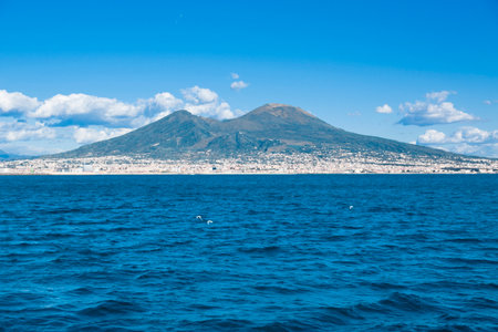 View of Vesuvius from the sea in the gulf of Naples, Italyの写真素材