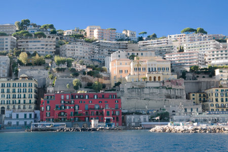 View of villas on the sea and historic buildings in the Posillipo district, Naples in Italyの写真素材