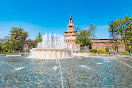 MILAN, IT - MAR 31, 2017 - Wide angle of Sforza Castle and the fountain, Milan. Sforza Castle (Castello Sforzesco) is in Milan, Italy, built in the 15th century by Francesco Sforza, Duke of Milanのeditorial素材