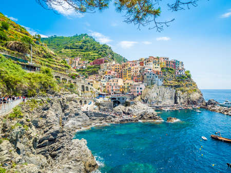 Manarola, Italy - Jun 17, 2018: Ancient village in Cinque Terre, Italy in the province of La Spezia, situated in a small valley in the Liguria region of Italyのeditorial素材