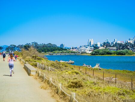 San Francisco, California: The Marina District neighborhood, beach and port, bounded by Van Ness Avenue, Presidio National Park, Lombard St on North and a shoreline of the San Francisco Bayの写真素材
