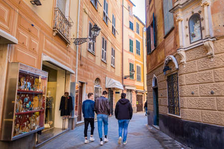 Sestri Levante, IT - Feb 2020: Citta Dei Due Mari (City of the Two Seas) with Baia del Silenzio (Bay of Silence) and Baia delle Favole (Bay of the Fables) Sea harbor, beach, downtown. Liguria Italyのeditorial素材