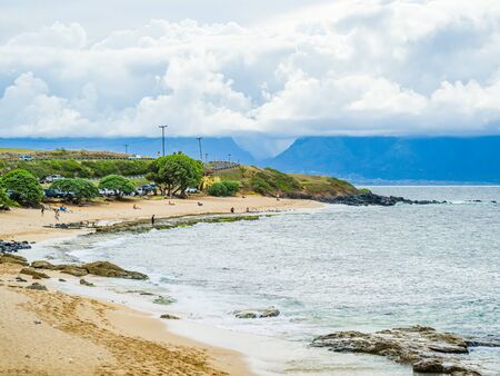 Ho'okipa Beach Park in Maui Hawaii, renowned windsurfing and surf site for wind, big waves and big...