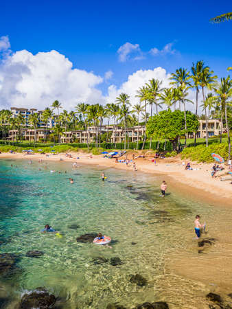 Kapalua beach bay, Maui, Hawaiian Islands - Aug 2019: Quiet, elegant, picturesque, Kapalua boasts beautiful seabed and ideal atmosphere for family vacation.のeditorial素材