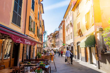 Sestri Levante, IT - Feb 2020: Citta Dei Due Mari (City of the Two Seas) with Baia del Silenzio (Bay of Silence) and Baia delle Favole (Bay of the Fables) Sea harbor, beach, downtown. Liguria Italyのeditorial素材