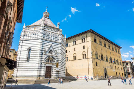 Pistoia, Tuscany, Italy - May 2020: Piazza Duomo, the setting (in July) of the Giostra dell'Orso (Bear Joust) with Cathedral of San Zeno, Palazzo del Comune, Palazzo del Podesta and baptisteryのeditorial素材