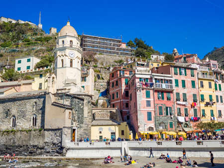 Vernazza, IT - Mar 2018: View of Vernazza one of five famous colorful villages of Cinque Terre...