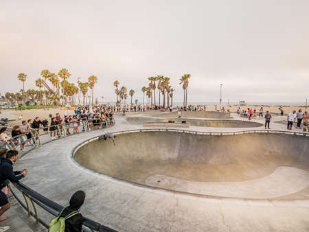 Los Angeles, California - Aug 2019: Skateboarder skateboarding in Venice Beach skate park Los Angeles, Californiaのeditorial素材